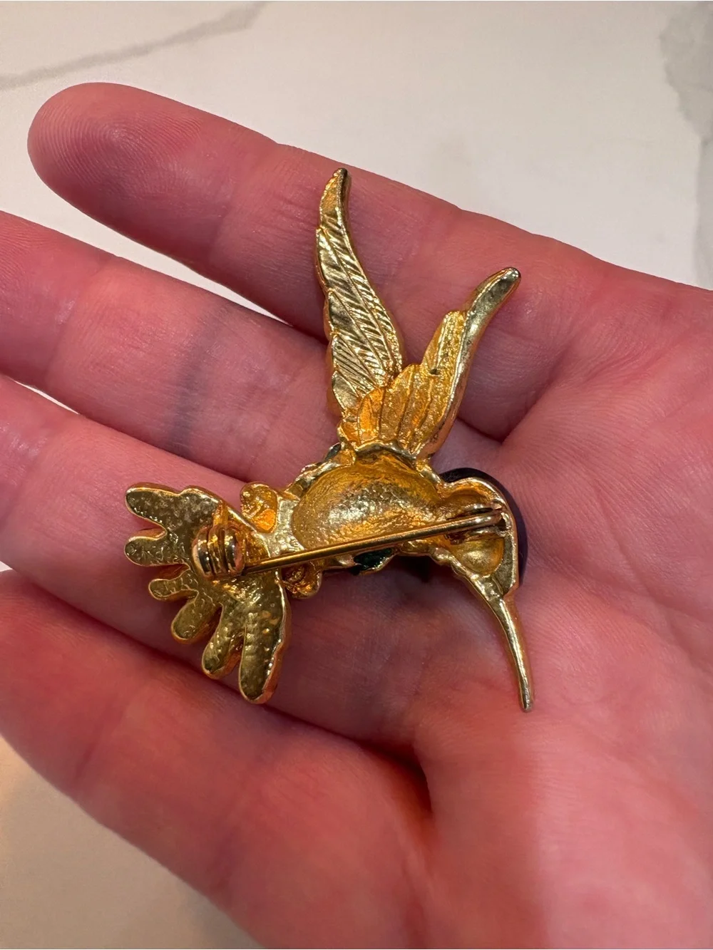 Gold-Tone Green & Blue Hummingbird Brooch - Elegant Bird Pin